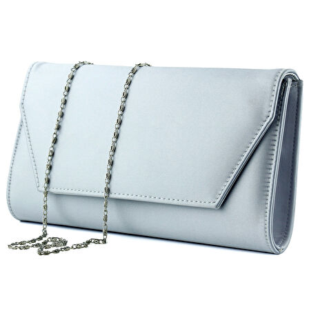 Erkan Saçmacı Gümüş Saten Zincir Askılı Manyetik Kapaklı İç Cepli Zarif Abiye El Çantası