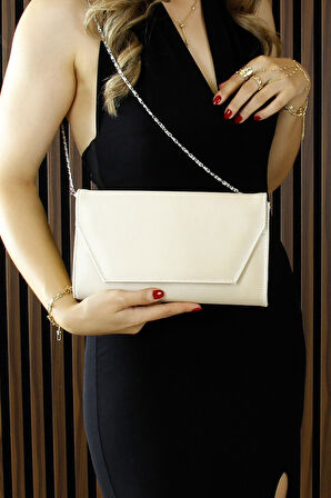 Erkan Saçmacı Ten Saten Zincir Askılı Manyetik Kapaklı İç Cepli Zarif Abiye El Çantası