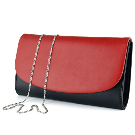 Erkan Saçmacı Siyah Kırmızı Vegan Zincir Askılı Manyetik Kapaklı Zarif Abiye El Çantası