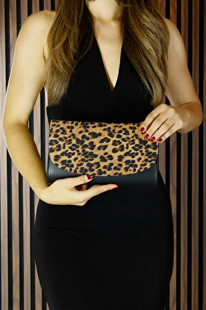 Erkan Saçmacı Siyah Leopar Vegan Zincir Askılı Manyetik Kapaklı Zarif Abiye El Çantası