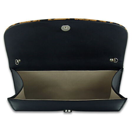 Erkan Saçmacı Siyah Leopar Vegan Zincir Askılı Manyetik Kapaklı Zarif Abiye El Çantası