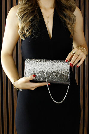 Erkan Saçmacı Antrasit Degrade Kristal Taşlı Zincir Askılı Manyetik Kapaklı Abiye El Çantası