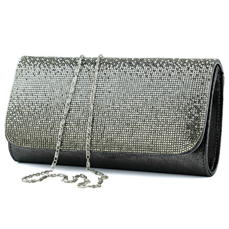 Erkan Saçmacı Antrasit Degrade Kristal Taşlı Zincir Askılı Manyetik Kapaklı Abiye El Çantası
