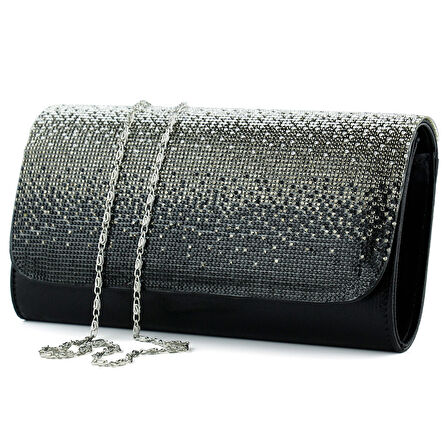 Erkan Saçmacı Siyah Degrade Kristal Taşlı Zincir Askılı Manyetik Kapaklı Abiye El Çantası