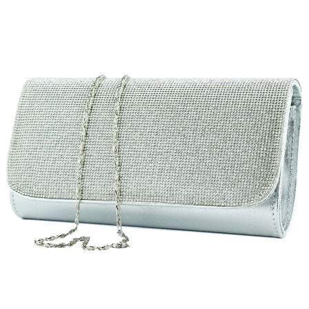 Erkan Saçmacı Lame Kristal Taşlı Zincir Askılı Manyetik Kapaklı Abiye El Çantası