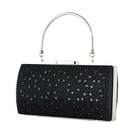 Erkan Saçmacı Siyah Saten Damla Kristal Taşlı Metal Saplı Zincirli Abiye El Çantası