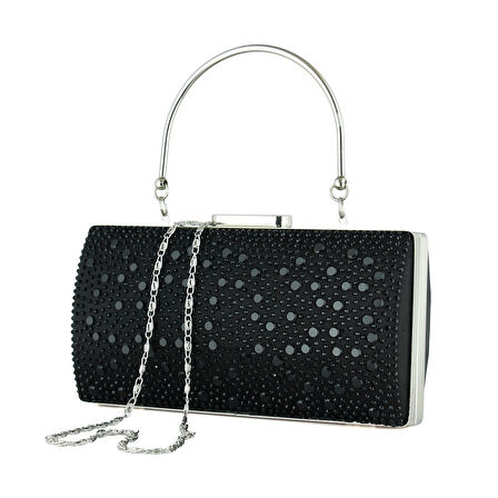 Erkan Saçmacı Siyah Saten Damla Kristal Taşlı Metal Saplı Zincirli Abiye El Çantası