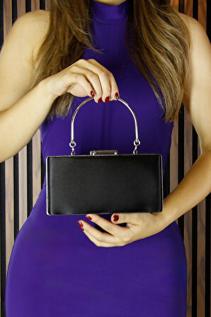 Erkan Saçmacı Siyah Saten Gümüş Damla Kristal Taşlı Metal Saplı Zincirli Abiye El Çantası