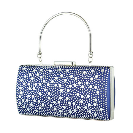 Erkan Saçmacı Lacivert Saten Damla Kristal Taşlı Metal Saplı Zincirli Abiye El Çantası