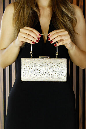 Erkan Saçmacı Ten Saten Damla Kristal Taşlı Metal Saplı Zincirli Abiye El Çantası