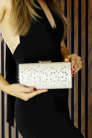 Erkan Saçmacı Ten Saten Damla Kristal Taşlı Metal Saplı Zincirli Abiye El Çantası