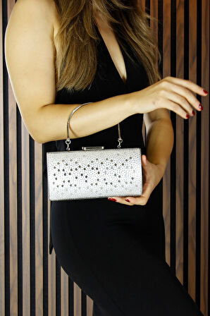 Erkan Saçmacı Gümüş Saten Damla Kristal Taşlı Metal Saplı Zincirli Abiye El Çantası