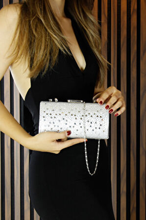 Erkan Saçmacı Gümüş Saten Damla Kristal Taşlı Metal Saplı Zincirli Abiye El Çantası