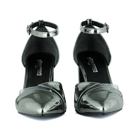 Erkan Saçmacı Aurora Platin Ayna Şeffaf Tasarım Sivri Burun Kalın Topuklu Klasik Ayakkabı