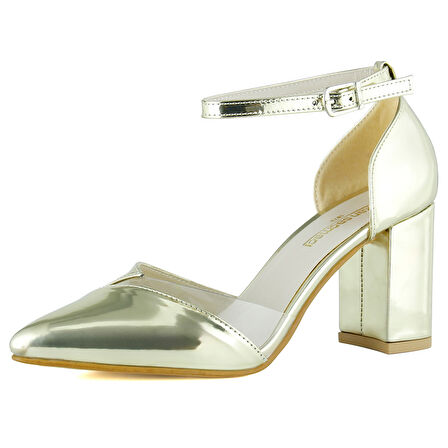 Erkan Saçmacı Aurora Altın Ayna Şeffaf Tasarım Sivri Burun Kalın Topuklu Klasik Ayakkabı