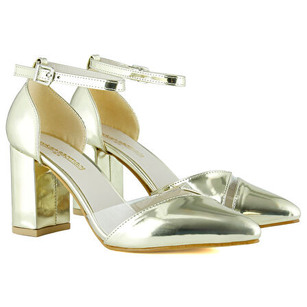 Erkan Saçmacı Aurora Altın Ayna Şeffaf Tasarım Sivri Burun Kalın Topuklu Klasik Ayakkabı