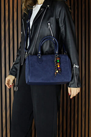 Lacivert Hakiki Dana Süet Fermuarlı İç Cepli Askılı Boncuk Aksesuarlı Günlük Büyük Boy Omuz Çantası
