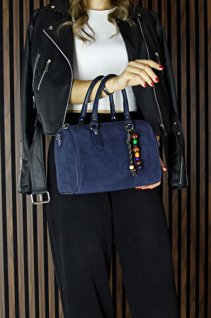 Lacivert Hakiki Dana Süet Fermuarlı İç Cepli Askılı Boncuk Aksesuarlı Günlük Büyük Boy Omuz Çantası