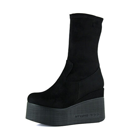 Yuki Siyah Süet Streç Kürk Astarlı Fermuarlı Yuvarlak Burun Gizli Dolgu Topuklu Bot