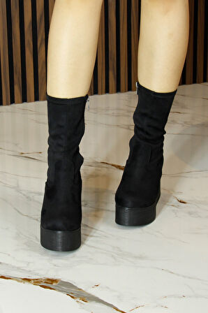 Yuki Siyah Süet Streç Kürk Astarlı Fermuarlı Yuvarlak Burun Gizli Dolgu Topuklu Bot