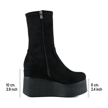 Yuki Siyah Süet Streç Kürk Astarlı Fermuarlı Yuvarlak Burun Gizli Dolgu Topuklu Bot