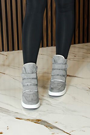 Talvi Gri Süet Yuvarlak Burun Cırt Cırtlı Gizli Dolgu Topuklu Günlük Bot