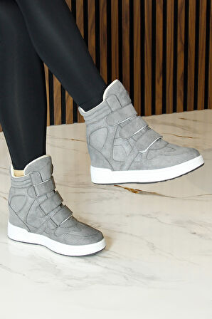 Talvi Gri Süet Yuvarlak Burun Cırt Cırtlı Gizli Dolgu Topuklu Günlük Bot