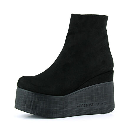 Erkan saçmacı Chione Siyah Süet Kürk Astarlı Fermuarlı Yuvarlak Burun Gizli Dolgu Topuklu Bot