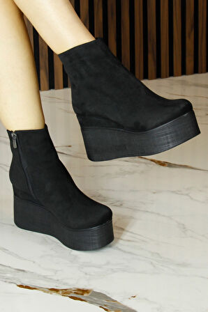 Erkan saçmacı Chione Siyah Süet Kürk Astarlı Fermuarlı Yuvarlak Burun Gizli Dolgu Topuklu Bot