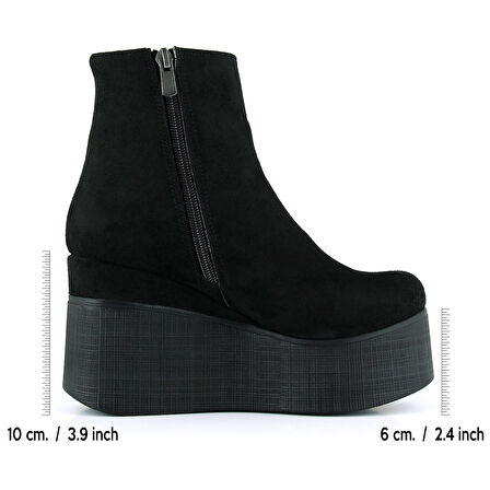 Erkan saçmacı Chione Siyah Süet Kürk Astarlı Fermuarlı Yuvarlak Burun Gizli Dolgu Topuklu Bot