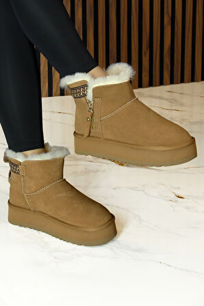 Erkan saçmacı  Camel Süet Fermuarlı Kürk Astarlı Yuvarlak Burun Günlük Bot