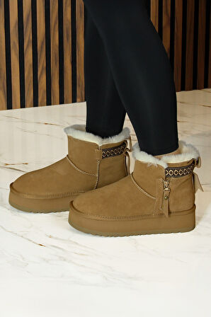 Erkan saçmacı  Camel Süet Fermuarlı Kürk Astarlı Yuvarlak Burun Günlük Bot