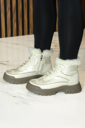 Erkan saçmacı  Bej Vegan Bağcıklı Fermuarlı Kürk Astarlı Yuvarlak Burun Günlük Bot