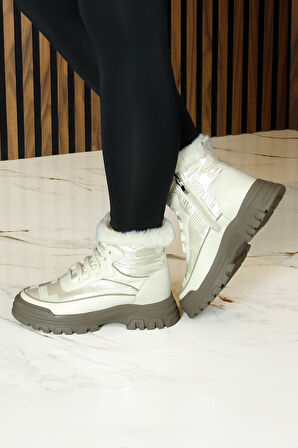 Erkan saçmacı  Bej Vegan Bağcıklı Fermuarlı Kürk Astarlı Yuvarlak Burun Günlük Bot