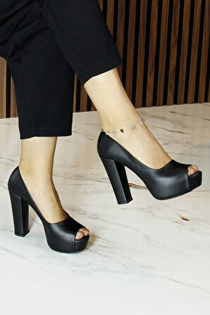 Erkan Saçmacı Carolina Siyah Vegan Önü Açık Yuvarlak Burun Kalın Platform Topuklu Abiye Ayakkabı