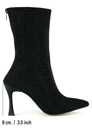 Nell Siyah Süet Taşlı Sivri Burun Fermuarlı İnce Topuklu Abiye Yarım Çizme