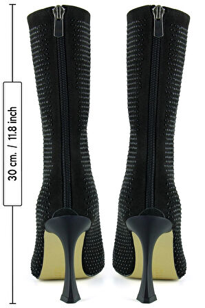 Nell Siyah Süet Taşlı Sivri Burun Fermuarlı İnce Topuklu Abiye Yarım Çizme