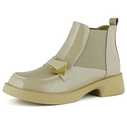 Erkan saçmacı Bej Rugan Streç Taşlı Tokalı Yuvarlak Burun Kalın Topuklu Günlük Bot