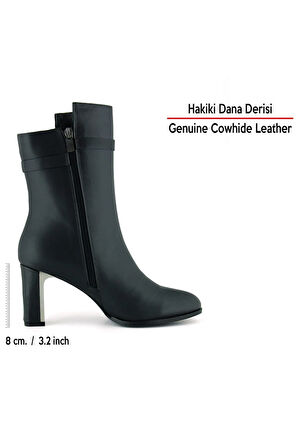 Siyah Hakiki Dana Derisi Tokalı Fermuarlı Sivri Burun Kalın Topuklu Günlük Yarım Çizme