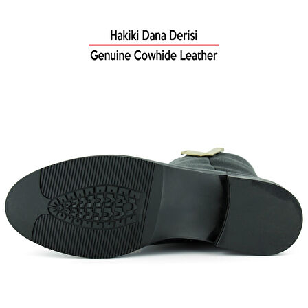 Erkan saçma Siyah Hakiki Dana Derisi Metal Detaylı Fermuarlı Yuvarlak Burun Kalın Topuklu Günlük Bot