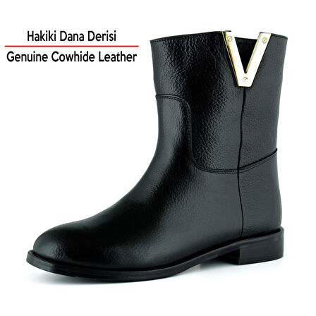 Erkan saçma Siyah Hakiki Dana Derisi Metal Detaylı Fermuarlı Yuvarlak Burun Kalın Topuklu Günlük Bot