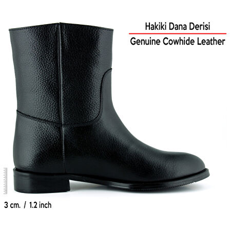 Erkan saçma Siyah Hakiki Dana Derisi Metal Detaylı Fermuarlı Yuvarlak Burun Kalın Topuklu Günlük Bot