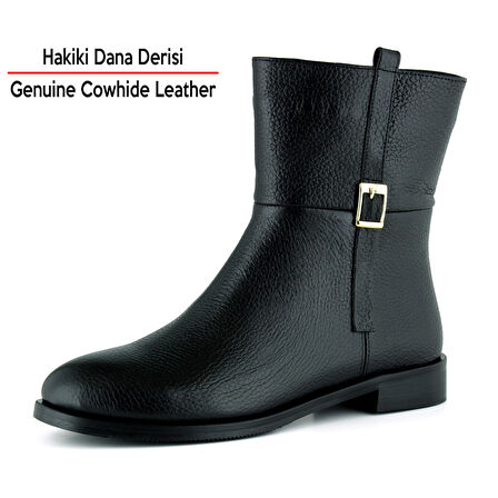 Erkan saçmacı  Siyah Hakiki Dana Derisi Tokalı Fermuarlı Yuvarlak Burun Kalın Topuklu Günlük Bot