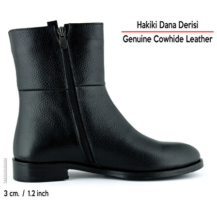 Erkan saçmacı  Siyah Hakiki Dana Derisi Tokalı Fermuarlı Yuvarlak Burun Kalın Topuklu Günlük Bot