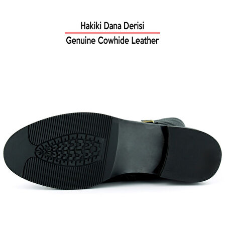 Erkan saçmacı  Siyah Hakiki Dana Derisi Tokalı Fermuarlı Yuvarlak Burun Kalın Topuklu Günlük Bot