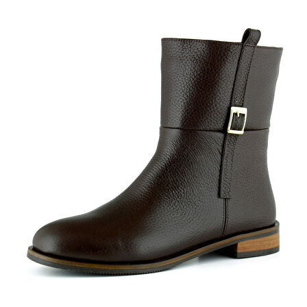 Erkan saçmacı Kahverengi Hakiki Dana Derisi Tokalı Fermuarlı Yuvarlak Burun Kalın Topuklu Günlük Bot