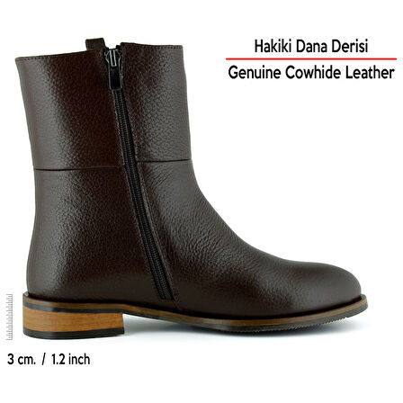 Erkan saçmacı Kahverengi Hakiki Dana Derisi Tokalı Fermuarlı Yuvarlak Burun Kalın Topuklu Günlük Bot