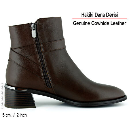 Erkan saçmacı Kahverengi Hakiki Dana Derisi Tokalı Fermuarlı Yuvarlak Burun Kalın Topuklu Günlük Bot