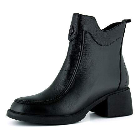 Erkan saçmacı Siyah Hakiki Dana Derisi Tokalı Fermuarlı Yuvarlak Burun Kalın Topuklu Günlük Bot