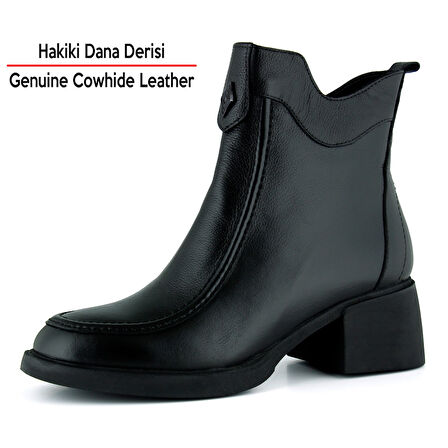 Erkan saçmacı Siyah Hakiki Dana Derisi Tokalı Fermuarlı Yuvarlak Burun Kalın Topuklu Günlük Bot